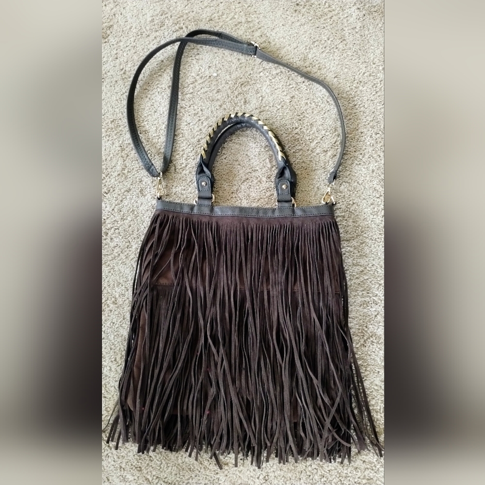 Leather Brown Fringe Purse Handbag w/ Adjustable strass& handles